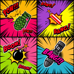 Set of comic style bomb explosion. Design element for poster, flyer, card, banner.