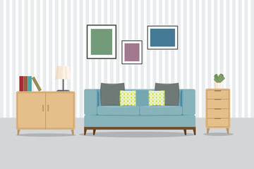 Set of furniture Interior and home accessories. Sofas with pillows, room background. vector illustration 