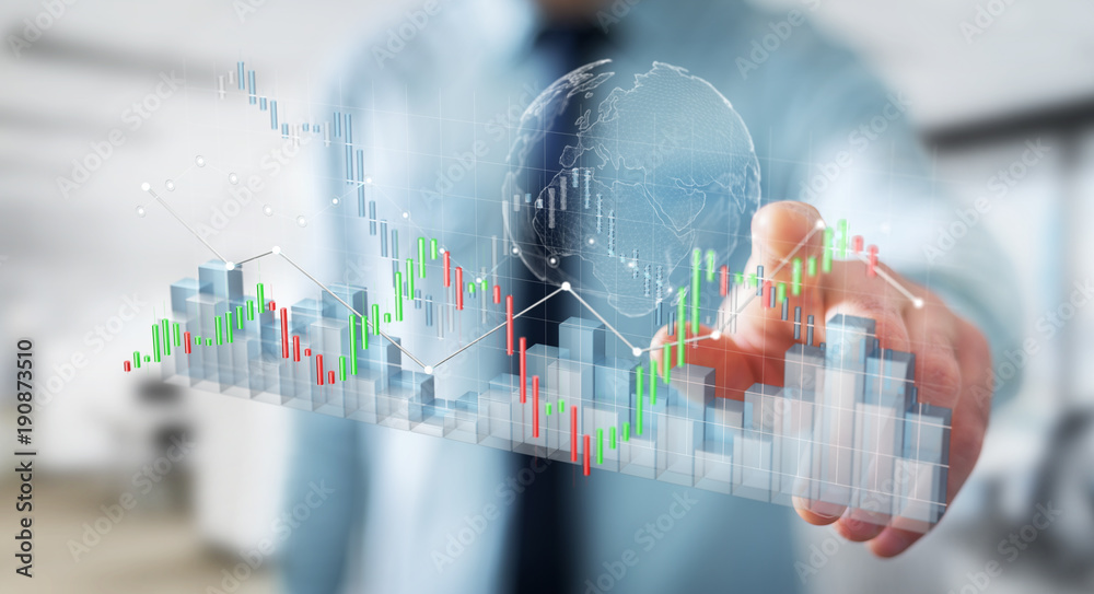 Poster businessman using digital 3d rendered stock exchange stats and charts