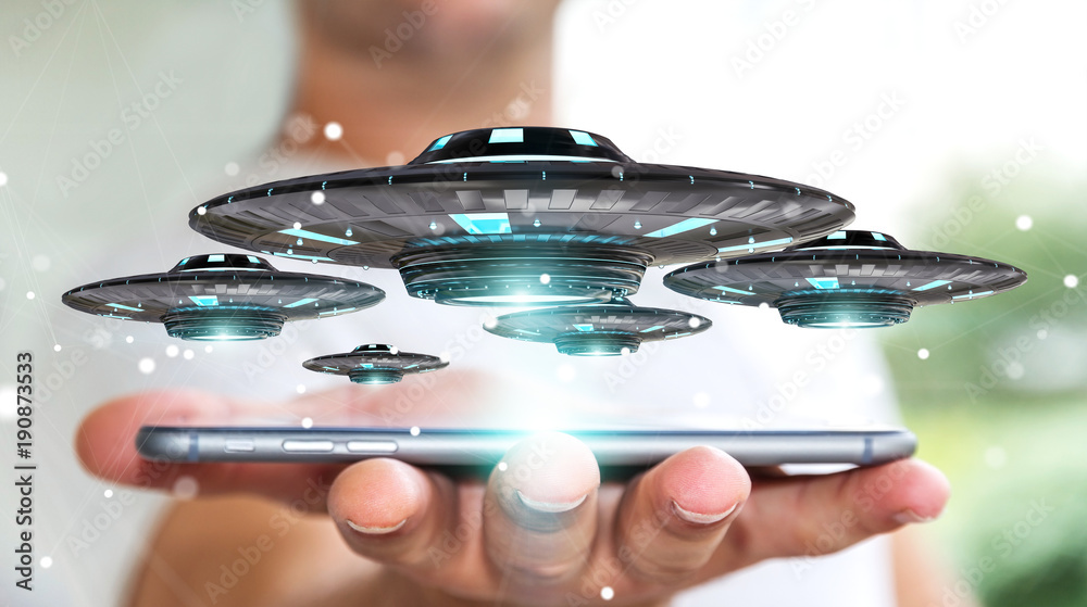 Aufkleber Businessman with retro UFO spaceship 3D rendering
