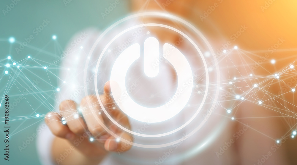 Aufkleber Businessman using 3D render power button with connections