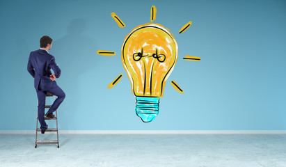 Businessman watching lightbulb sketch on a wall 3D rendering