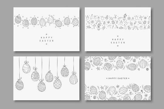 Collection of happy easter cards. Hand drawn easter covers in doodle style. Holiday backgrounds