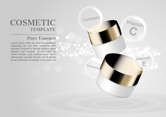 Two cosmetic jars with ingredient icons and small lights on white concentric wave