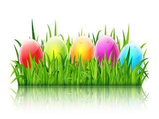 Happy Easter greeting card with colorful glass eggs on green grass