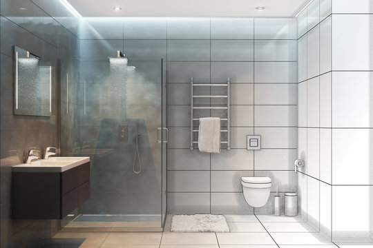 3d illustration. Sketch of a shower to become a real interior