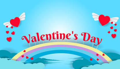 Flying hearts on Valentine's Day have a rainbow on the sky background in a paper cut work.