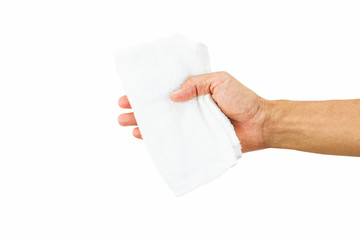 Man hand holding white towel isolated on white background