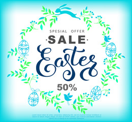 Easter sale banner with wreath made of blue leaves and easter bunny. Vector vertical illustration