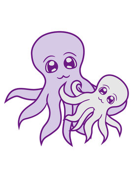 familie mama papa junges kind süß niedlich qualleklein baby oktopus tentakel unterwasser tintenfisch riesenkrake kraken comic cartoon design clipart