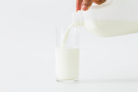 Hand pouring milk from bottle into glass on white background