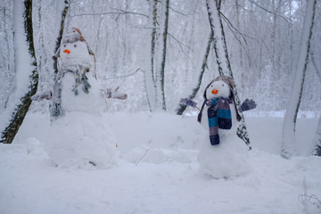 Fototapeta na wymiar two funny snowman in the snowy forest