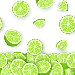 Vector illustration of falling lime fruit. Green lemon vector pattern citrus fruits whole and slice for design of food packaging breakfast, detox, cosmetics cream, jam, juice.
