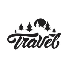 Travel logo in lettering style. Travel with sun and trees illustration. Vector illustration design.