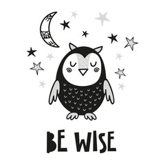 Cute owl poster for baby room, greeting card, print on the wall, pillow, decoration kids interior, baby wear and t-shirts   - 190876907