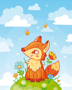 Cute fox sitting on a hill with flowers in cartoon style. Blue sky with clouds. Vector illustration for children for cards and decoration.