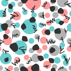 Abstract geometric seamless pattern. Repeated circles and scribbles drawn by hand.