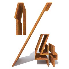 Conceptual old rusted metal font or type, iron or steel industry piece isolated white background. Educative rusty material, aged vintage surface, worn damaged object as 3D illustration rough surface