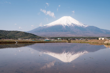 水を張った田んぼに映り込む逆さ富士