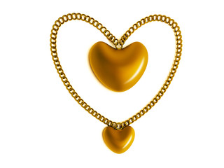 Golden heart pendant with chain in the form of heart. Isolated 3D image.