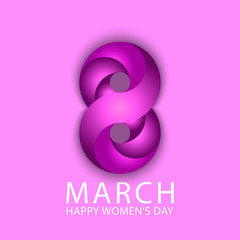 Fototapeta premium 8 March Happy International Women's Day spring holiday poster background. Violet 3d 8 number ribbon style. Cute elegant greeting card mockup for mother's day.