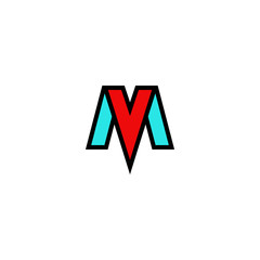 Logo MV letters elegant flat emblem, combination tech initials M and V, blue and red symbols VM mark stylish construct