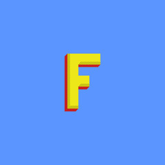 Logo F letter. Halftone colors typography print minimalistic emblem mockup. Isometric initial symbol with red shadows effect on the blue background