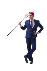 Evil devil businessman with pitchfork isolated on white backgrou