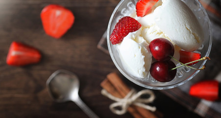 Fresh yogurt with berries. Ice cream in a bowl with fresh and ju