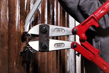 Two teenage burglars breaking in basement cellar with 30 inch bolt cutters