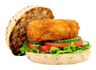 Breadcrumb covered fish cake and salad sandwich isolated on a white background