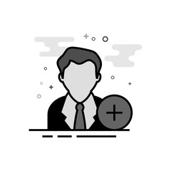 Businessman with plus sign icon in flat outlined grayscale style. Vector illustration.