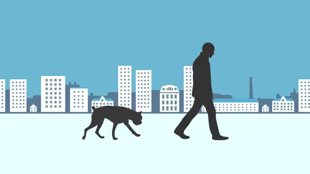 Man walking with dog in the city, animation