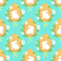 Cute rustic hand drawn Easter seamless pattern with wreath of spring flowers, egg and bunny
