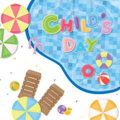 Children day poster. Cute objects as beach umbrellas, chair and ring at swimming pool.