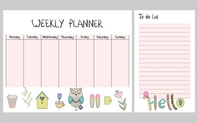 Hand drawing vector weekly planner with owls.