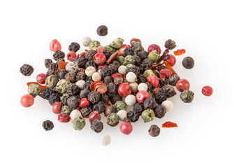 Mixed of diffrent kind peppercorns isolated on white background