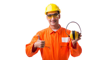 Construction worker with noise cancelling earphones