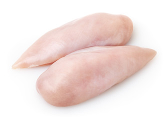 Raw skinless chicken breast fillet isolated on white background with clipping path