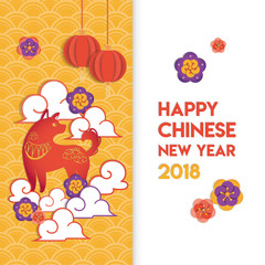 Chinese new year 2018 the year of the Dog.Plum blossom with dog on red background. Lunar new year template greeting card