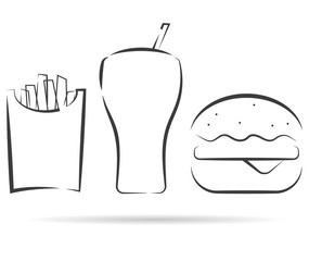 Drink, burger and potato logo on white background