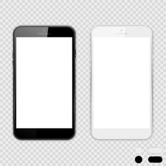 Set of big black phones with white screen on isolated background