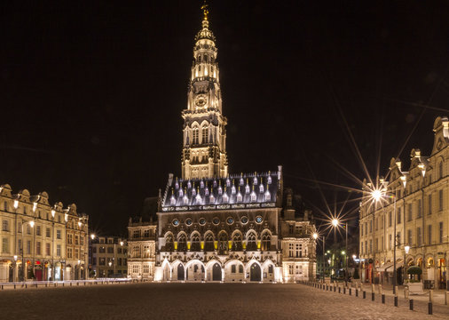 The belfry and the town hall in Arras in the Pas de Calais, Hauts de France, at night