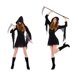 Young witch with scythe isolated on white