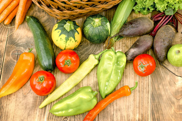 Fresh organic vegetable on table closeup - healthy food in healthy diet