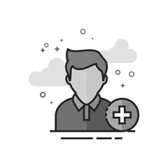 Add friend icon in flat outlined grayscale style. Vector illustration.