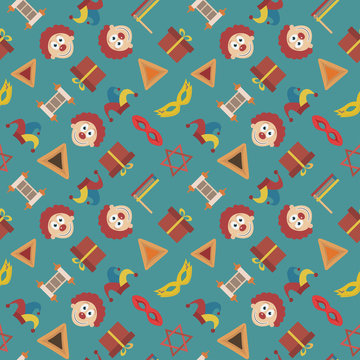Purim holiday flat design icons seamless pattern