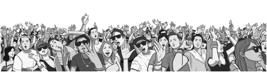 Stylized illustration festival crowd at live concert partying and having fun in panorama black and white - obrazy, fototapety, plakaty