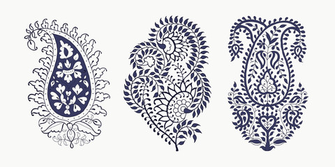 Set of 3 paisley elements. Traditional oriental ethnic ornament of India, 2 colors. For your design. - obrazy, fototapety, plakaty