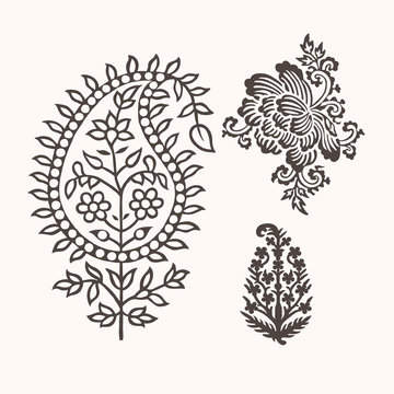 Set of 3 paisley elements. Traditional oriental ethnic ornament of India, monochrome. For your design.